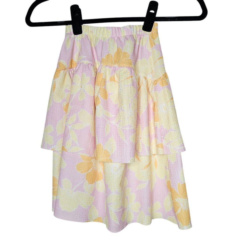⚡️Zara Girls 6 7 Midi Skirt Pink Yellow Floral Tiered Feminine Summer Church